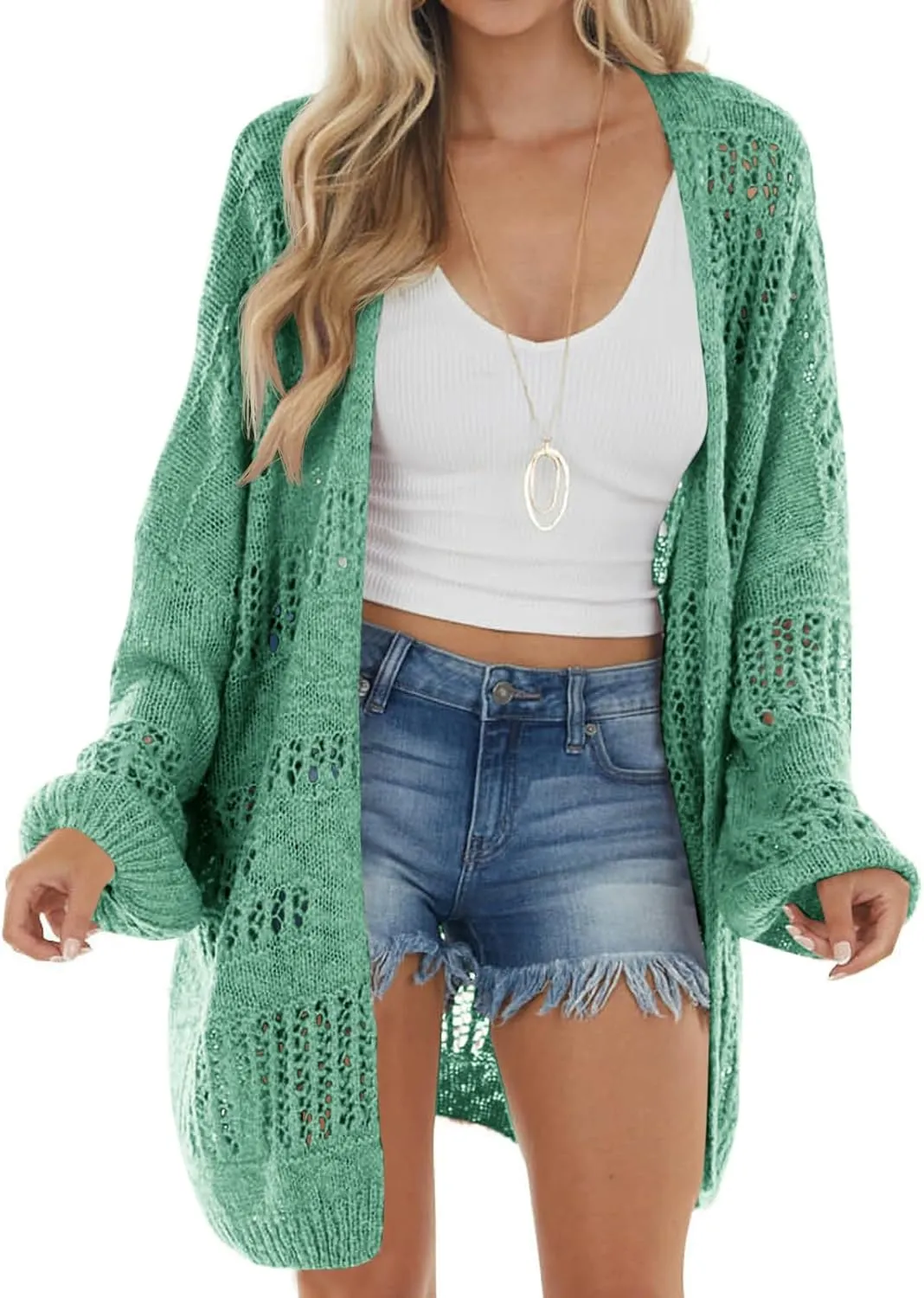 Newffr Womens Lightweight Crochet Oversized Cardigan Sweaters Kimono Boho Long Sleeve Open Front Knitted Cover Ups