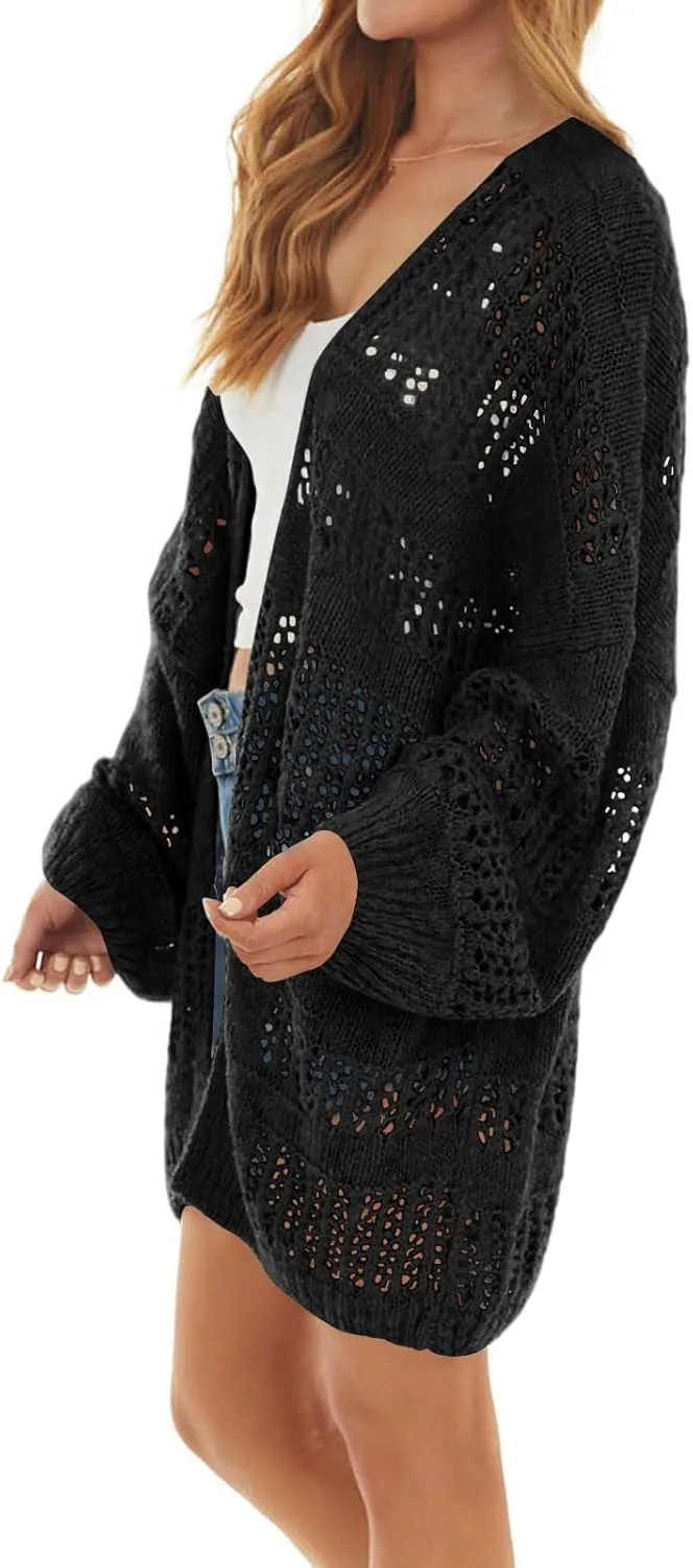 Newffr Womens Lightweight Crochet Oversized Cardigan Sweaters Kimono Boho Long Sleeve Open Front Knitted Cover Ups