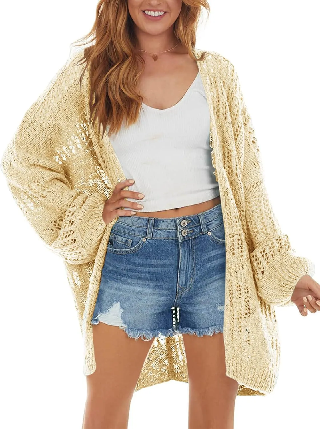 Newffr Womens Lightweight Crochet Oversized Cardigan Sweaters Kimono Boho Long Sleeve Open Front Knitted Cover Ups