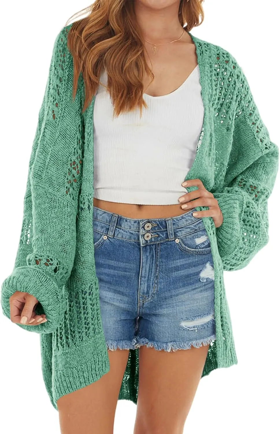 Newffr Womens Lightweight Crochet Oversized Cardigan Sweaters Kimono Boho Long Sleeve Open Front Knitted Cover Ups