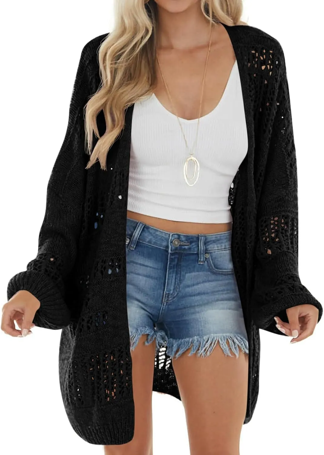 Newffr Womens Lightweight Crochet Oversized Cardigan Sweaters Kimono Boho Long Sleeve Open Front Knitted Cover Ups