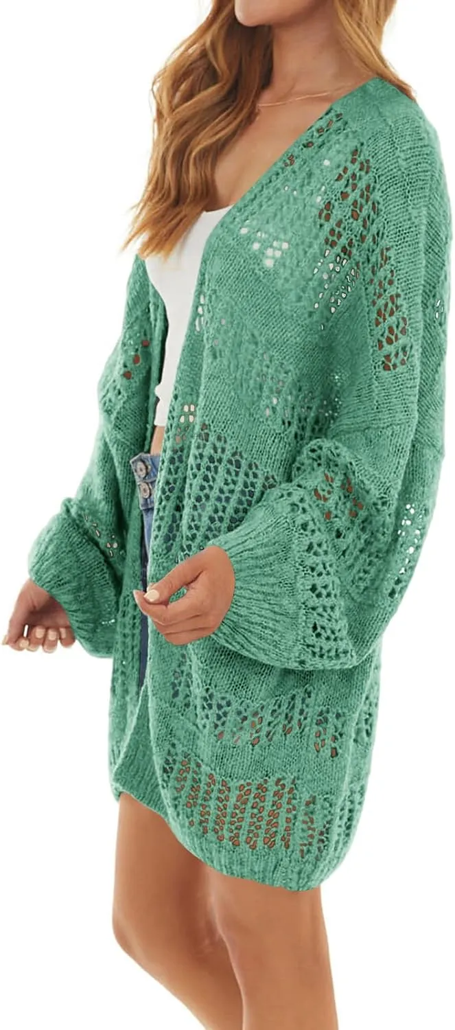 Newffr Womens Lightweight Crochet Oversized Cardigan Sweaters Kimono Boho Long Sleeve Open Front Knitted Cover Ups