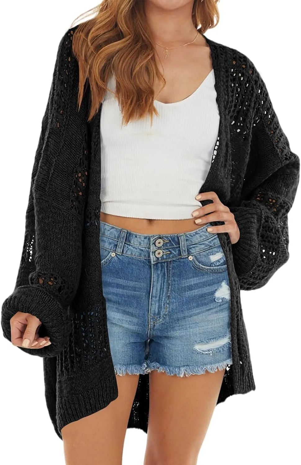 Newffr Womens Lightweight Crochet Oversized Cardigan Sweaters Kimono Boho Long Sleeve Open Front Knitted Cover Ups