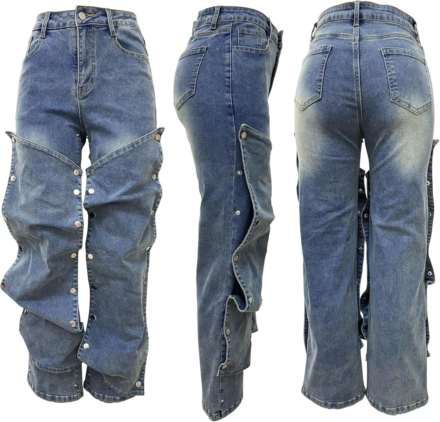 NRTHYE Women Cargo Jeans High Waisted Straight Wide Leg Jeans Pants Button Detachable Denim Cargo Trousers