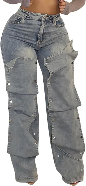 NRTHYE Women Cargo Jeans High Waisted Straight Wide Leg Jeans Pants Button Detachable Denim Cargo Trousers