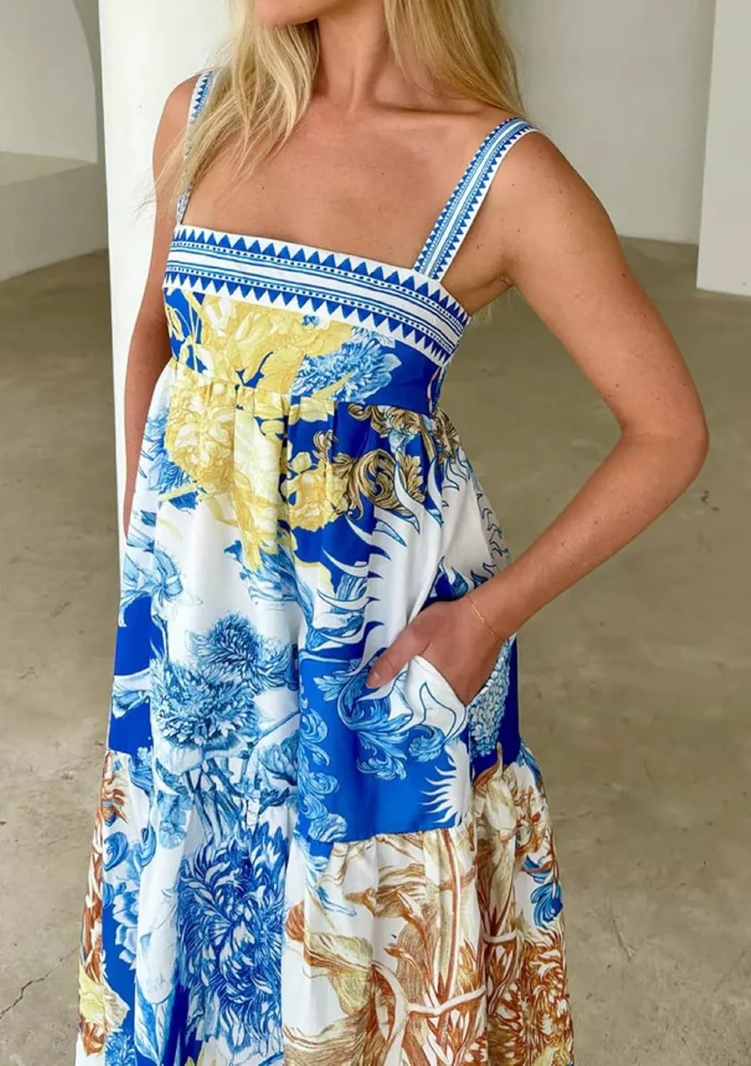 NUFIWI Women Boho Spaghetti Strap Graffiti Cami Long Dress Cute Flowy Swing Maxi Dress Colorful A Line Sundress
