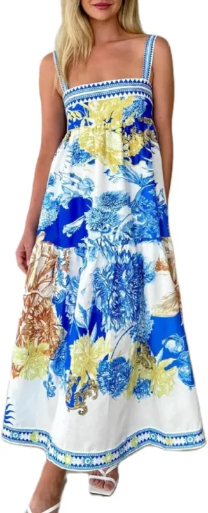 NUFIWI Women Boho Spaghetti Strap Graffiti Cami Long Dress Cute Flowy Swing Maxi Dress Colorful A Line Sundress