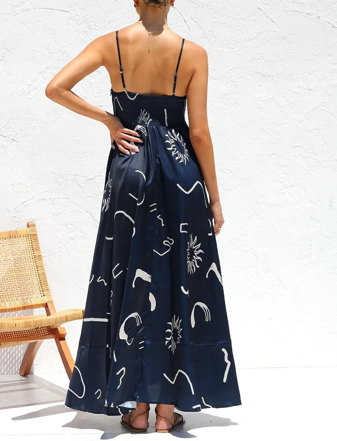 NUFIWI Women Boho Spaghetti Strap Graffiti Cami Long Dress Cute Flowy Swing Maxi Dress Colorful A Line Sundress