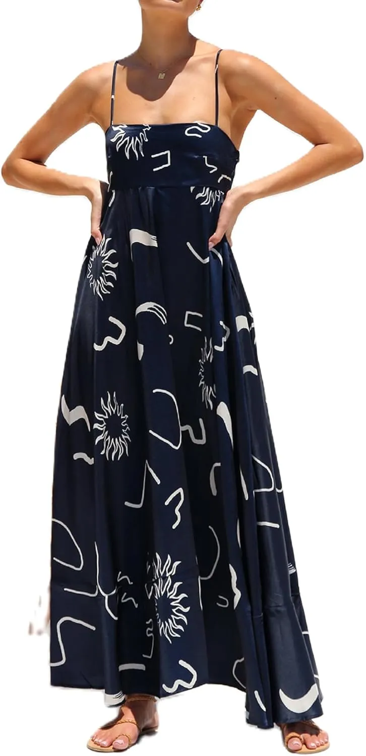 NUFIWI Women Boho Spaghetti Strap Graffiti Cami Long Dress Cute Flowy Swing Maxi Dress Colorful A Line Sundress