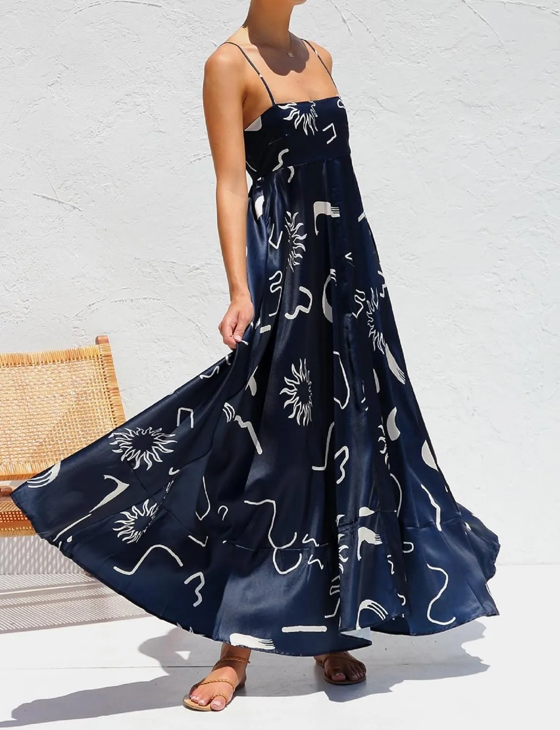 NUFIWI Women Boho Spaghetti Strap Graffiti Cami Long Dress Cute Flowy Swing Maxi Dress Colorful A Line Sundress