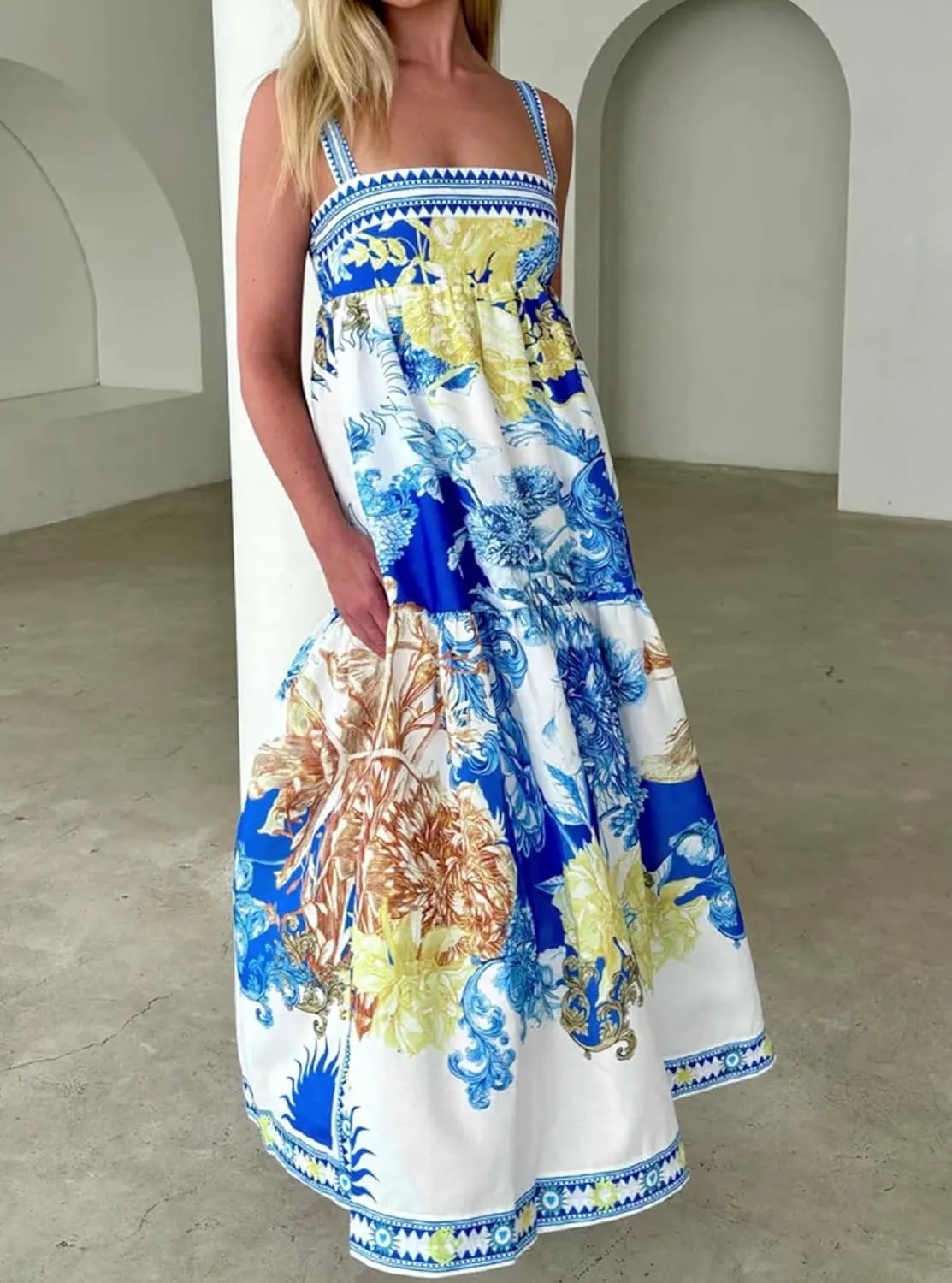 NUFIWI Women Boho Spaghetti Strap Graffiti Cami Long Dress Cute Flowy Swing Maxi Dress Colorful A Line Sundress