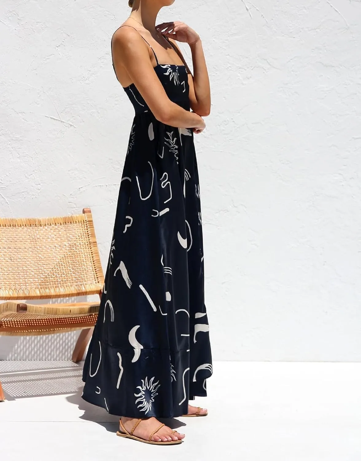 NUFIWI Women Boho Spaghetti Strap Graffiti Cami Long Dress Cute Flowy Swing Maxi Dress Colorful A Line Sundress