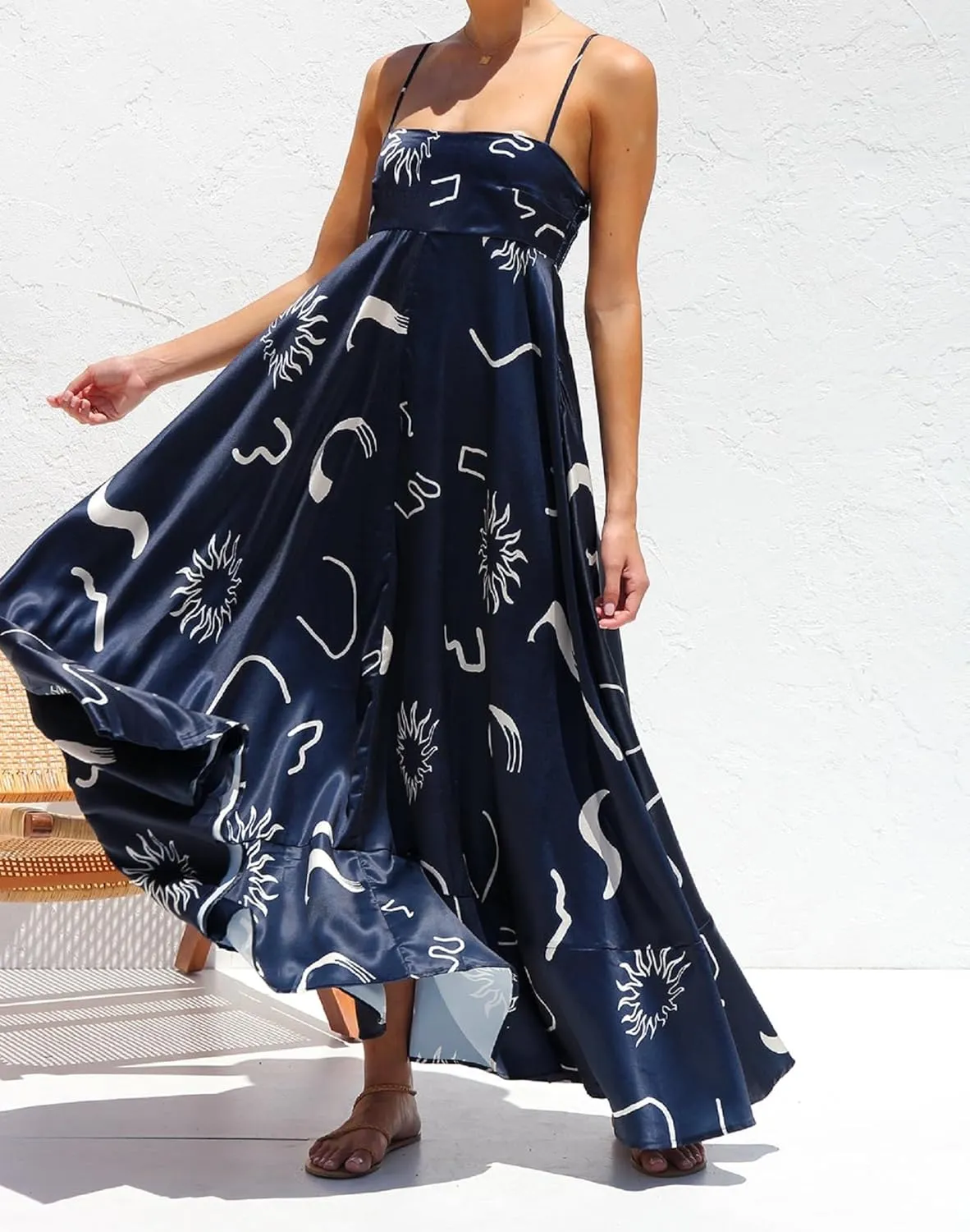 NUFIWI Women Boho Spaghetti Strap Graffiti Cami Long Dress Cute Flowy Swing Maxi Dress Colorful A Line Sundress