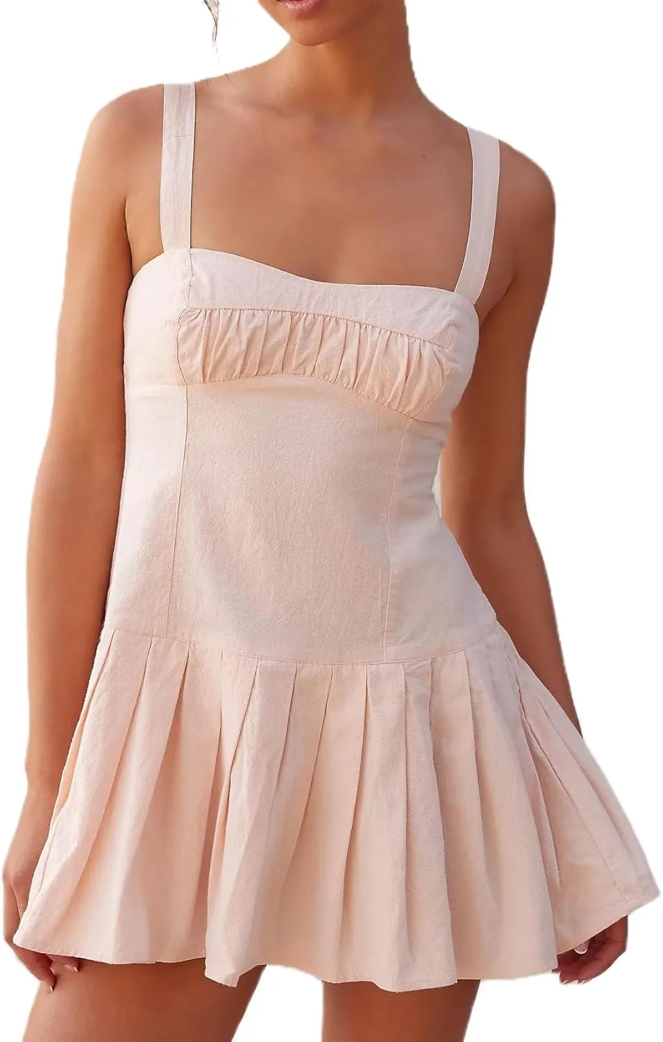NUFIWI Women Y2k Summer Sleeveless Short Dress Tie Back Ruffle Pleated Mini Dress Cutout Flowy Beach Vocation Dress