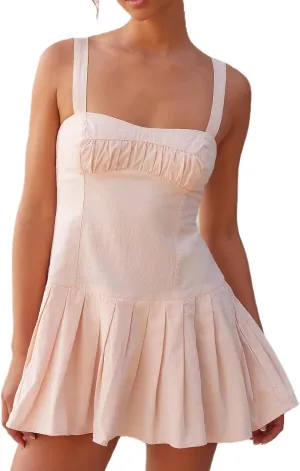 NUFIWI Women Y2k Summer Sleeveless Short Dress Tie Back Ruffle Pleated Mini Dress Cutout Flowy Beach Vocation Dress