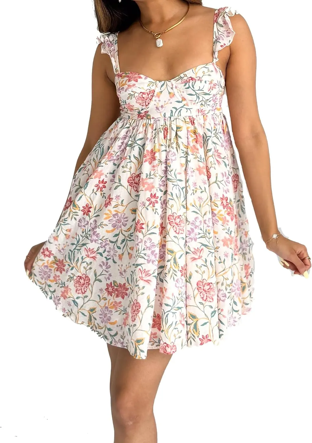 NUFIWI Y2K Ruffle Hem Babydoll Mini Dresses Square Neck Spaghetti Strap Short Dresses Boho Flowy Patchwork Sundress Vocation