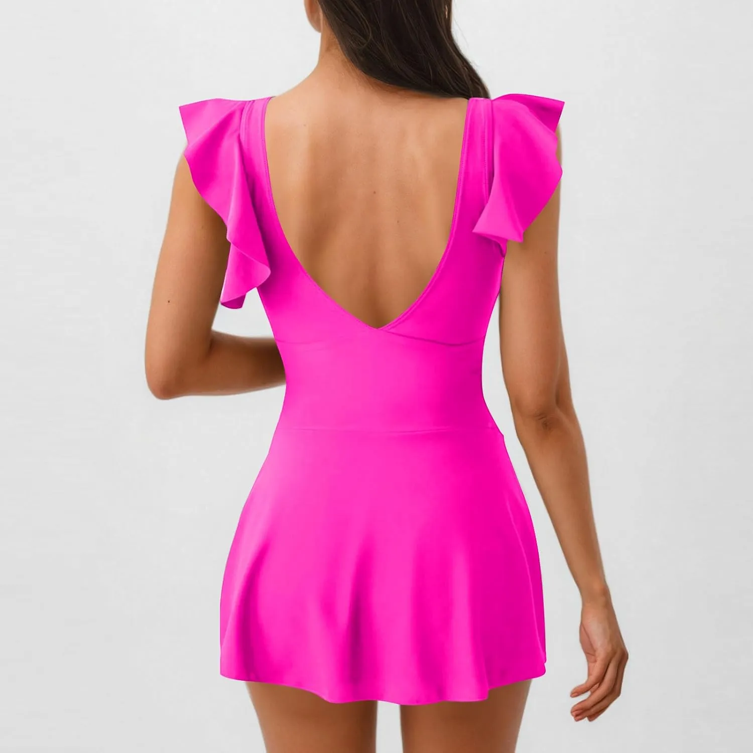 One Piece Swimdress Tummy Control Ruffle Swimsuit for Women Tie Knot Swim Dresses Deep V Neck Bathing Suit Skirt