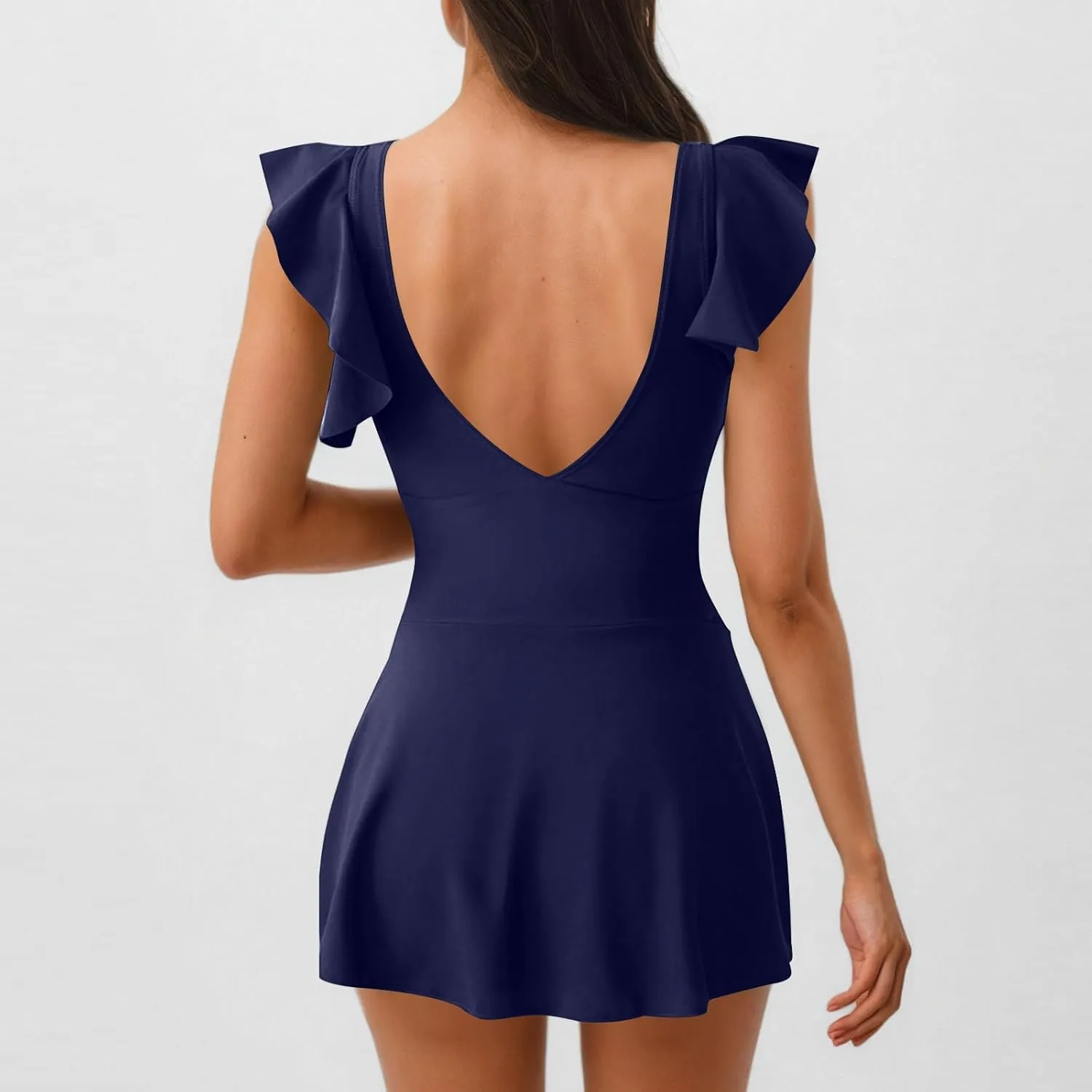 One Piece Swimdress Tummy Control Ruffle Swimsuit for Women Tie Knot Swim Dresses Deep V Neck Bathing Suit Skirt