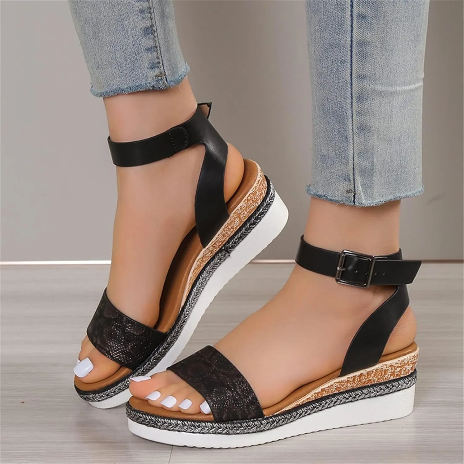 Open Toe Buckle Ankle Strap Espadrilles Flatform Wedge Casual Sandal Platform Espadrille Sandals Orthopedic Retro Summer Arch Support Dressy Beach Slip on Dress Comfortable Walking Slippers