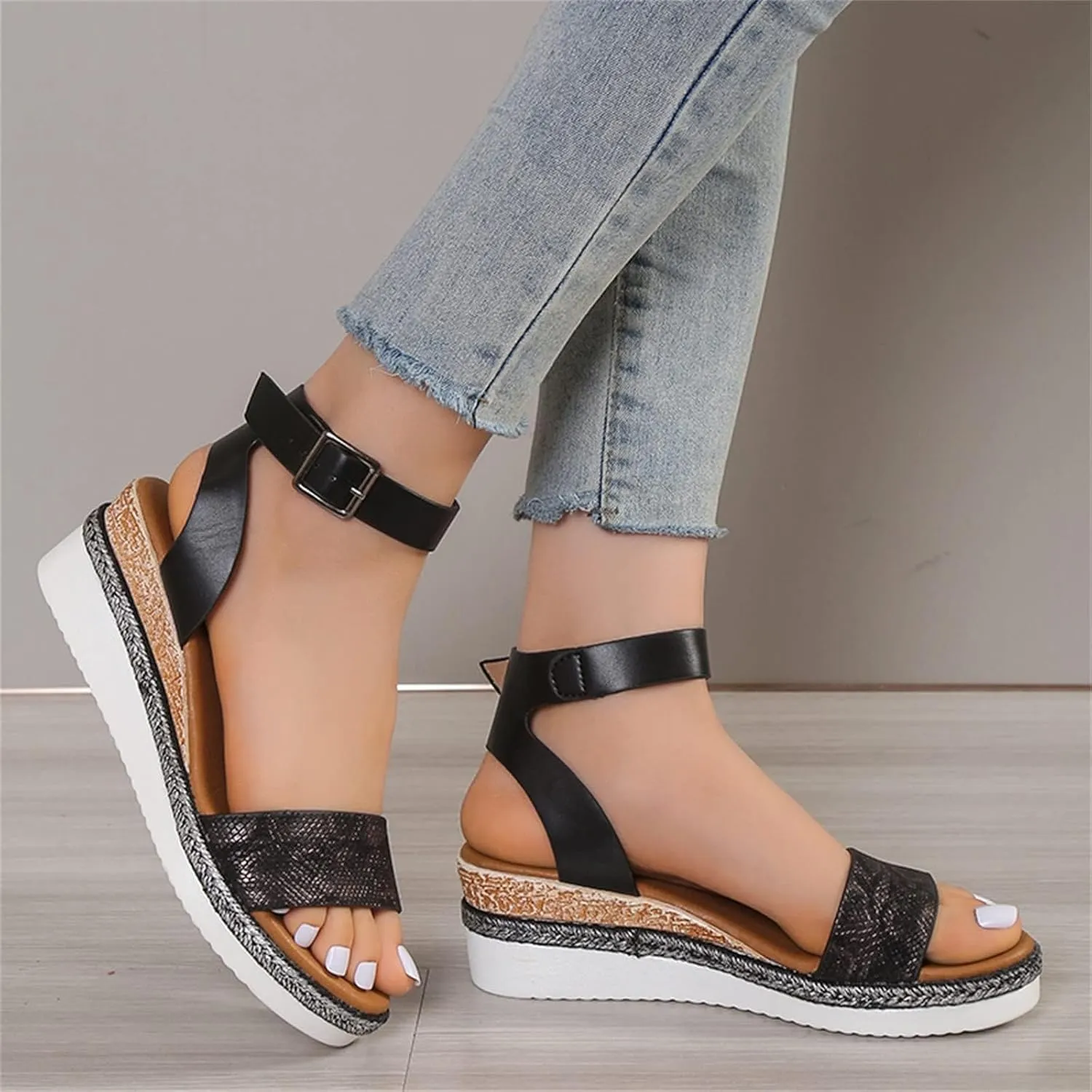 Open Toe Buckle Ankle Strap Espadrilles Flatform Wedge Casual Sandal Platform Espadrille Sandals Orthopedic Retro Summer Arch Support Dressy Beach Slip on Dress Comfortable Walking Slippers
