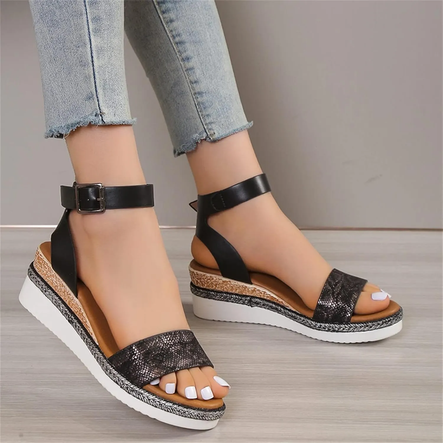 Open Toe Buckle Ankle Strap Espadrilles Flatform Wedge Casual Sandal Platform Espadrille Sandals Orthopedic Retro Summer Arch Support Dressy Beach Slip on Dress Comfortable Walking Slippers