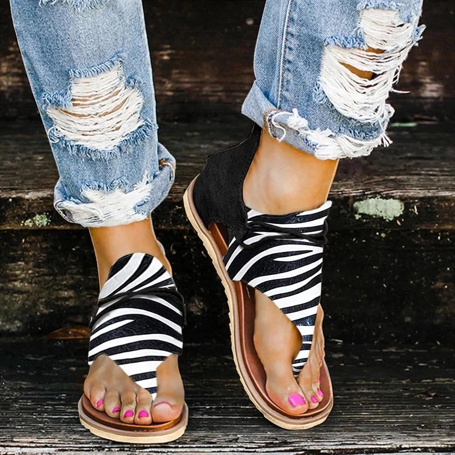 Orthopedic Wedge Sandals For Women Sandals For Women Summer Fashion Print Flat Shoes Retro Flip Gold Sandals For Women