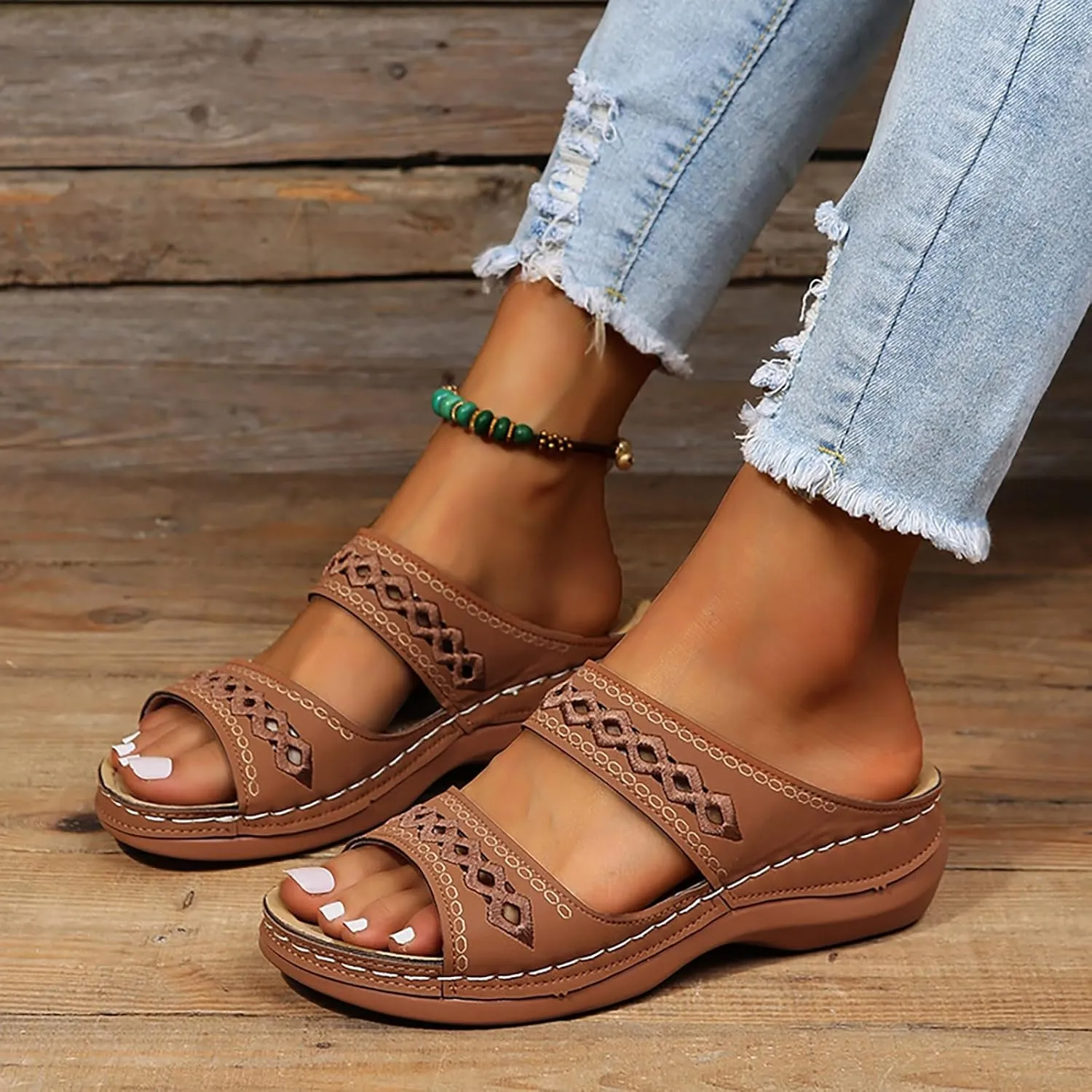 Orthopedic Wedge Sandals for Women Summer Casual Bohemian Open Toe Hollow Out Platform Sandals Comfortable Breathable Fashion Slip on Slippers Beach Vacation Outdoor Casual Shoes