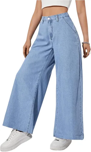 OYOANGLE Women's Baggy Jeans Wide Leg High Waist Stretchy Denim Pants Casual Jeans Trouser with Pockets
