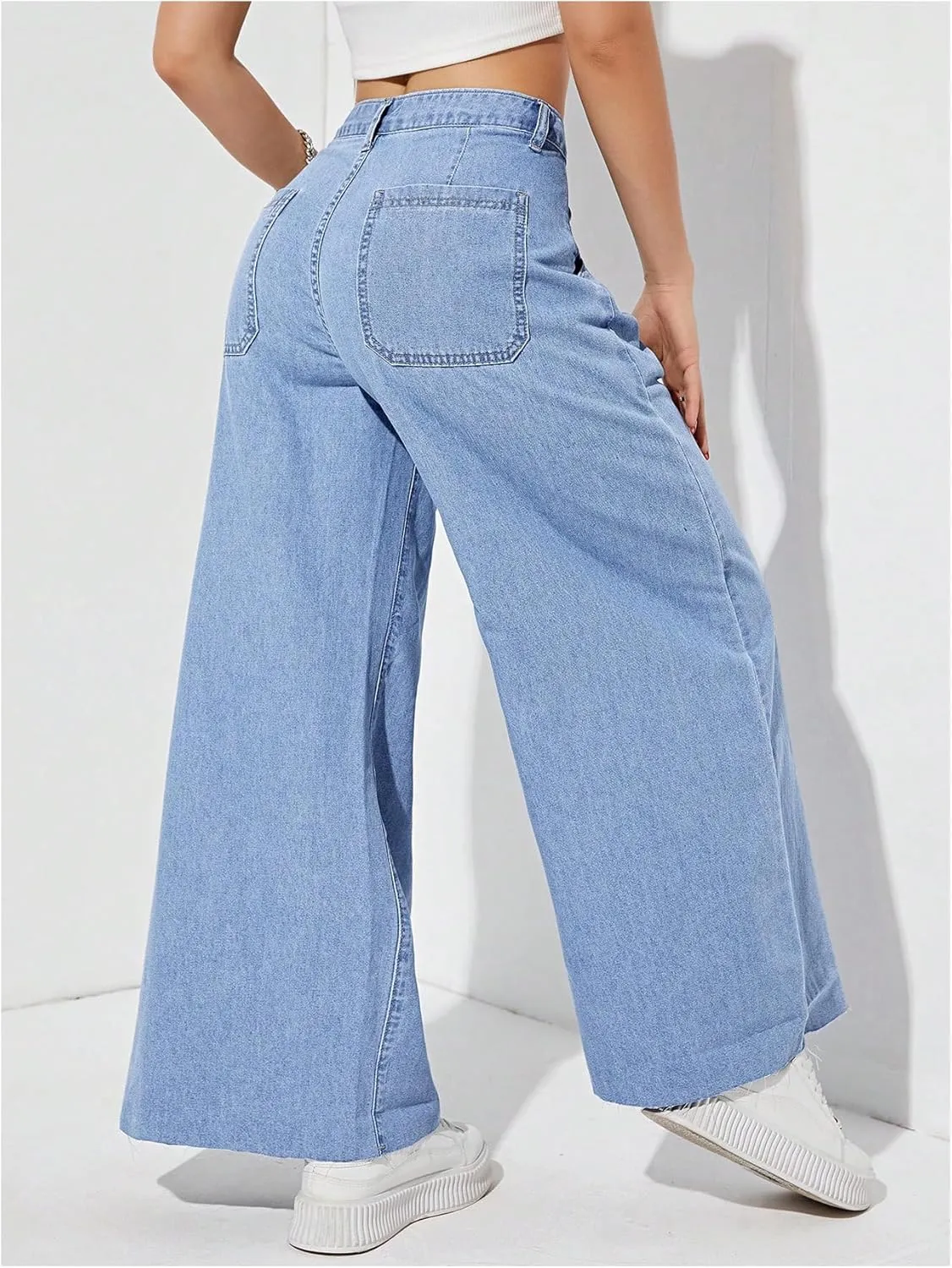 OYOANGLE Women's Baggy Jeans Wide Leg High Waist Stretchy Denim Pants Casual Jeans Trouser with Pockets