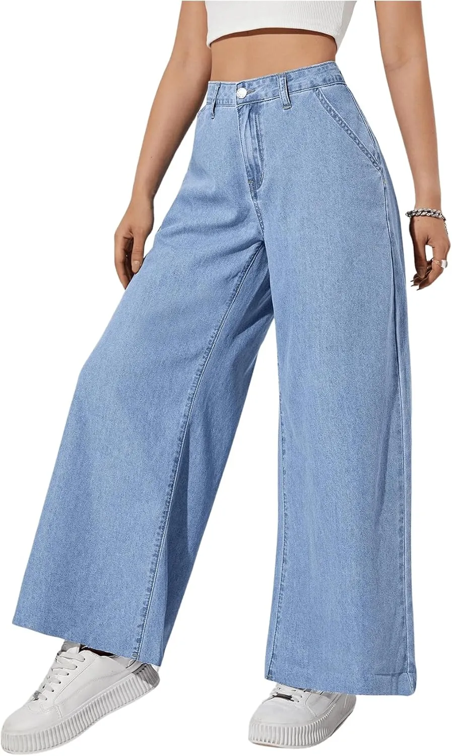 OYOANGLE Women's Baggy Jeans Wide Leg High Waist Stretchy Denim Pants Casual Jeans Trouser with Pockets