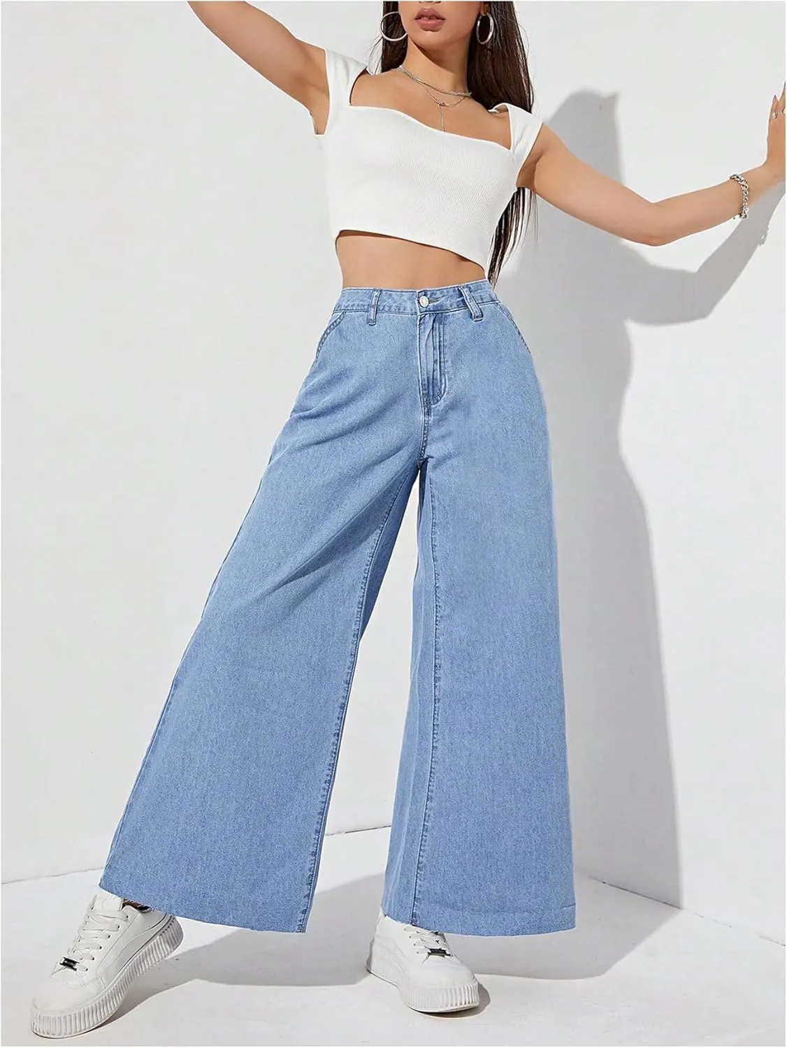 OYOANGLE Women's Baggy Jeans Wide Leg High Waist Stretchy Denim Pants Casual Jeans Trouser with Pockets
