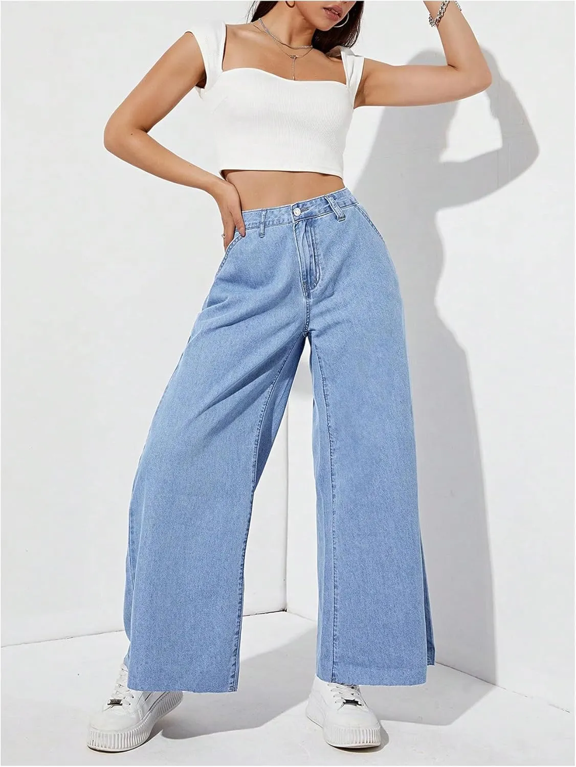 OYOANGLE Women's Baggy Jeans Wide Leg High Waist Stretchy Denim Pants Casual Jeans Trouser with Pockets