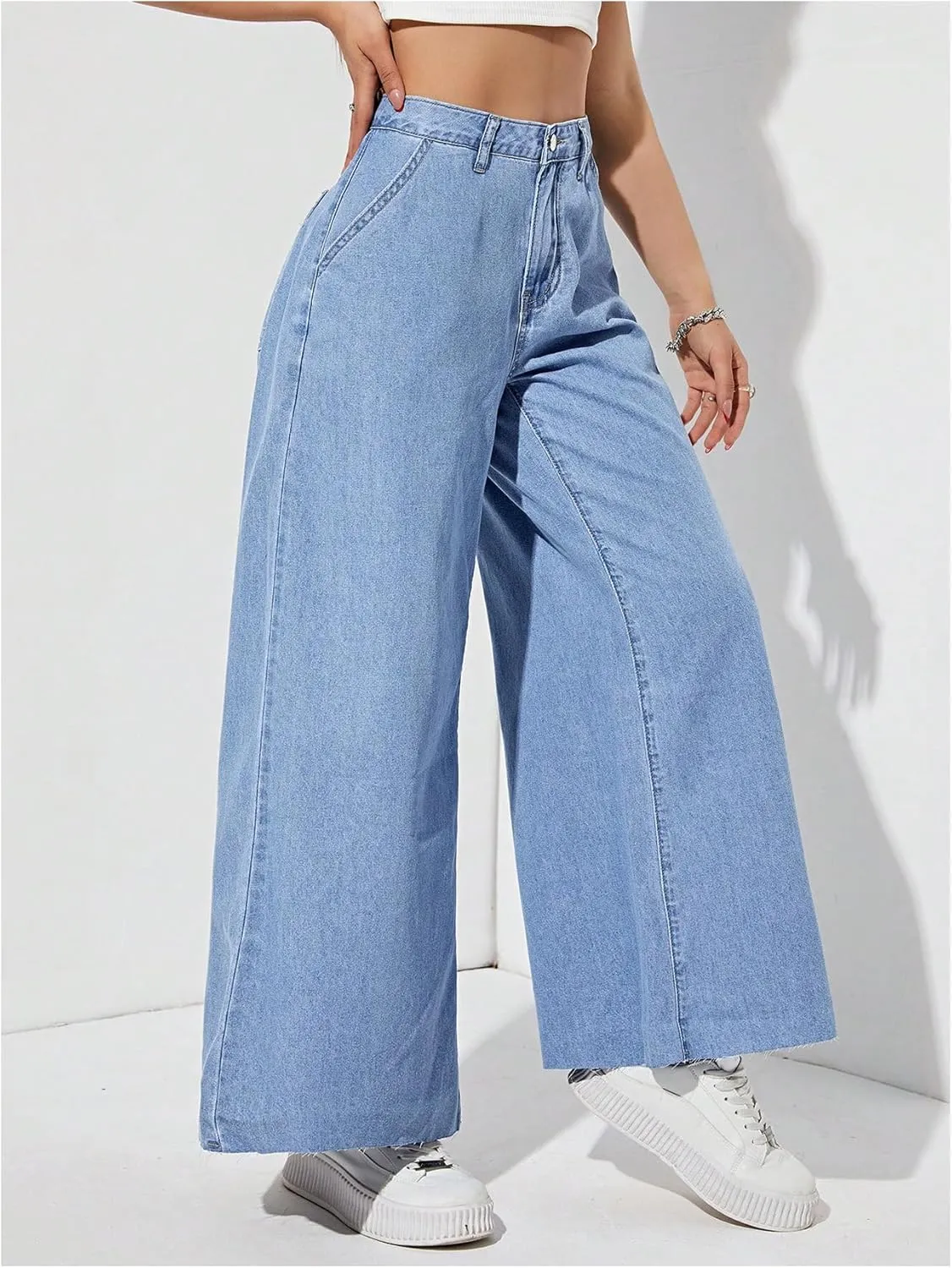OYOANGLE Women's Baggy Jeans Wide Leg High Waist Stretchy Denim Pants Casual Jeans Trouser with Pockets