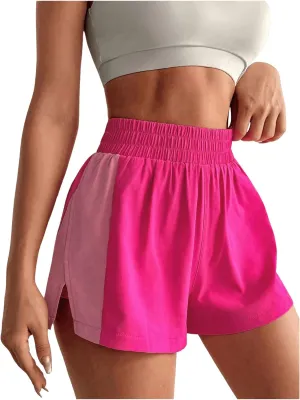OYOANGLE Women's Elastic High Waisted Shorts Slit Hem Athletic Workout Sports Shorts Running Shorts
