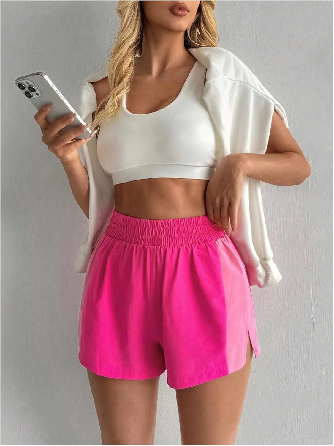 OYOANGLE Women's Elastic High Waisted Shorts Slit Hem Athletic Workout Sports Shorts Running Shorts