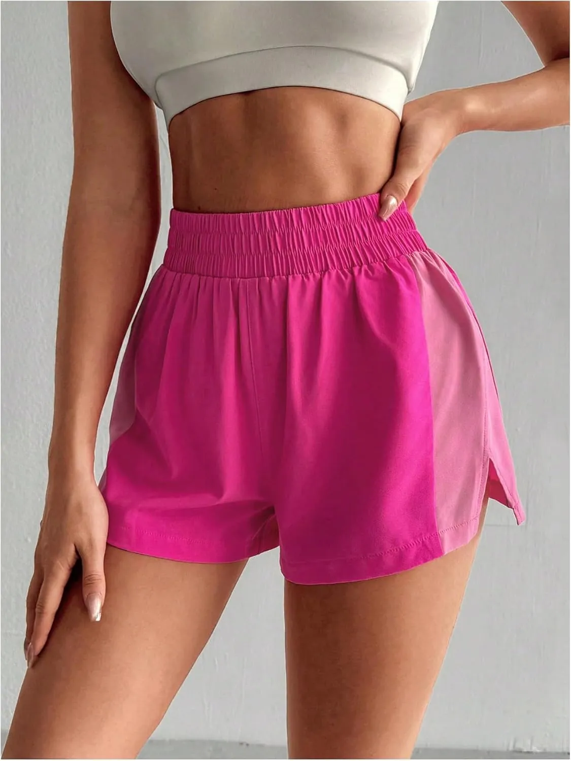 OYOANGLE Women's Elastic High Waisted Shorts Slit Hem Athletic Workout Sports Shorts Running Shorts