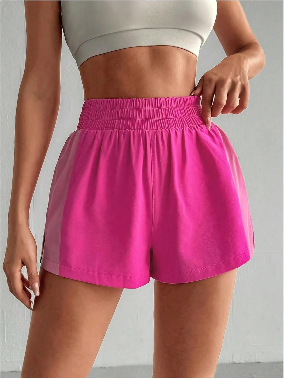 OYOANGLE Women's Elastic High Waisted Shorts Slit Hem Athletic Workout Sports Shorts Running Shorts