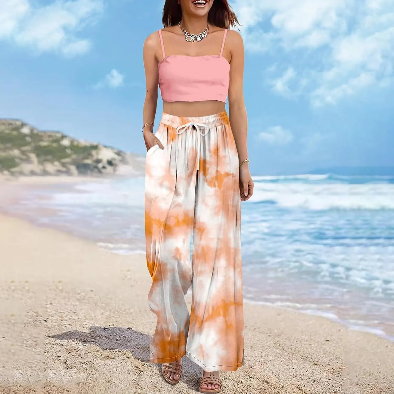 Palazzo Pants for Women Casual Wide Leg Loose Flowy Trendy Yoga Outfits Bohemian High Waisted Petite Trousers