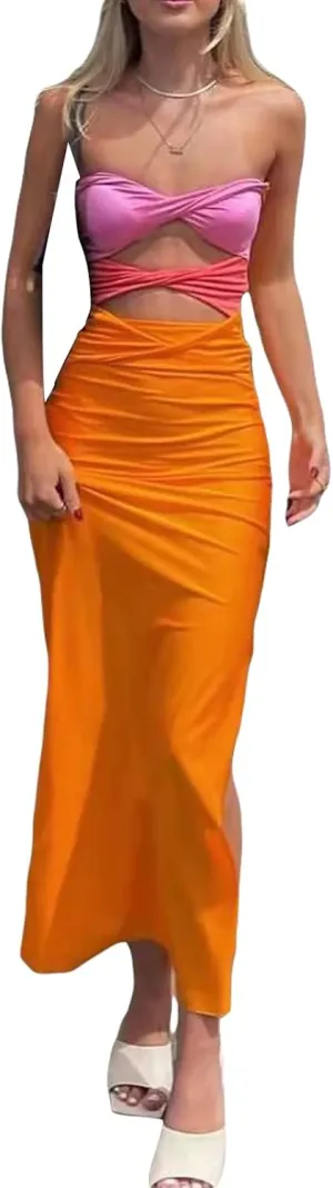 Patchwork Y2K Strapless Bodycon Dress Sexy Women Hollow Out Sleeveless Backless Summer Beach Dresses Party Club Sun Dresses
