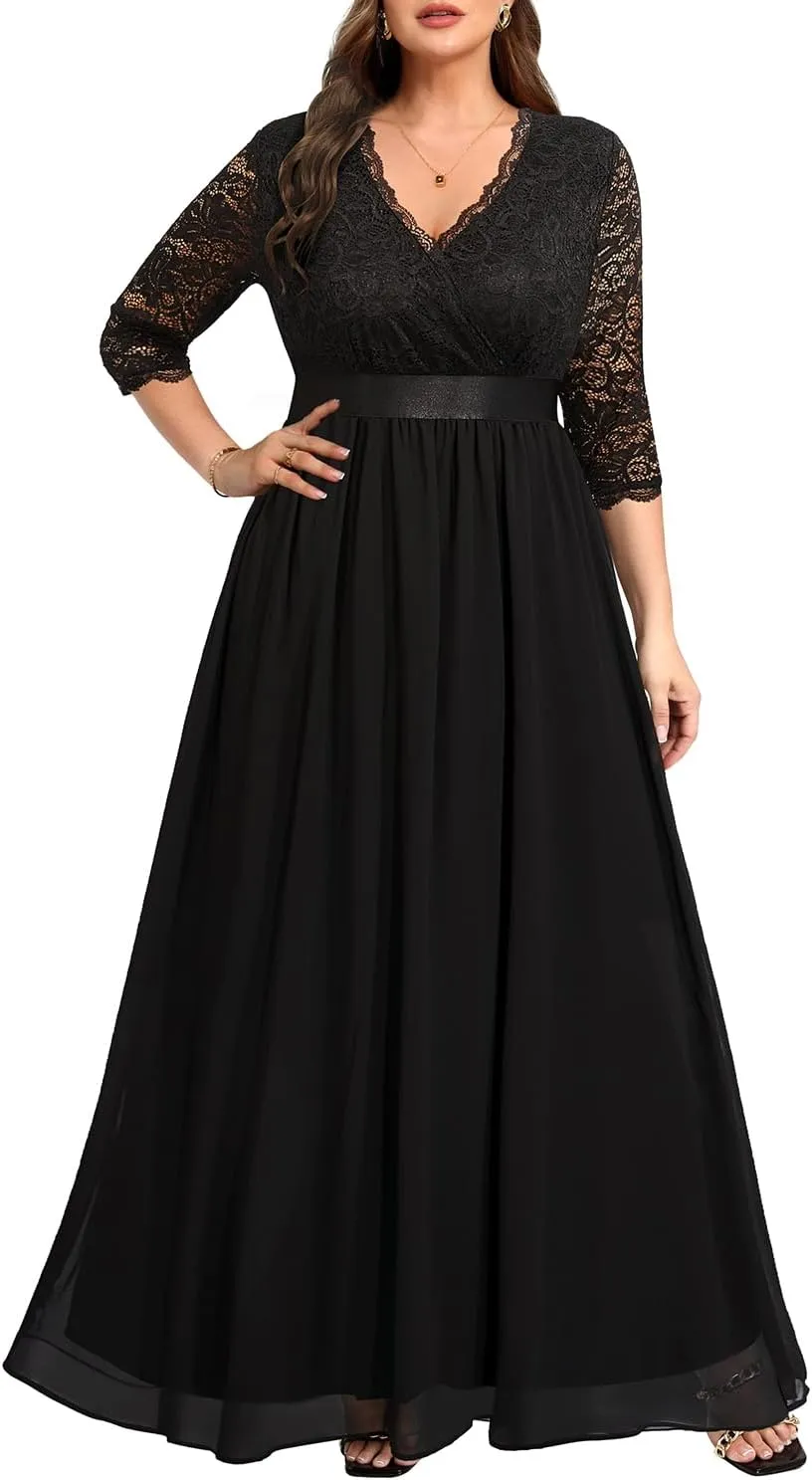 Pinup Fashion Wedding Dresses for Bride Plus Size - Formal Evening Gown Wrap Neck Lace Chiffon Long Dress