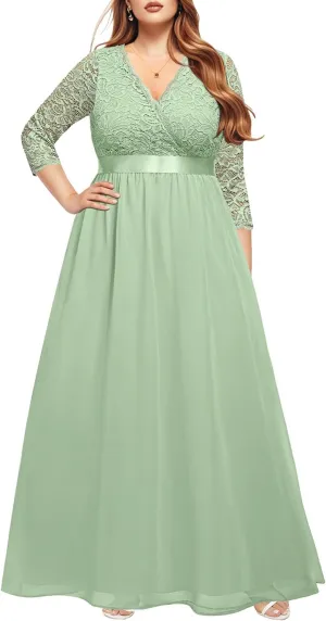 Pinup Fashion Wedding Dresses for Bride Plus Size - Formal Evening Gown Wrap Neck Lace Chiffon Long Dress