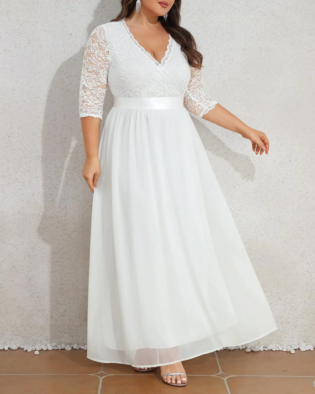Pinup Fashion Wedding Dresses for Bride Plus Size - Formal Evening Gown Wrap Neck Lace Chiffon Long Dress
