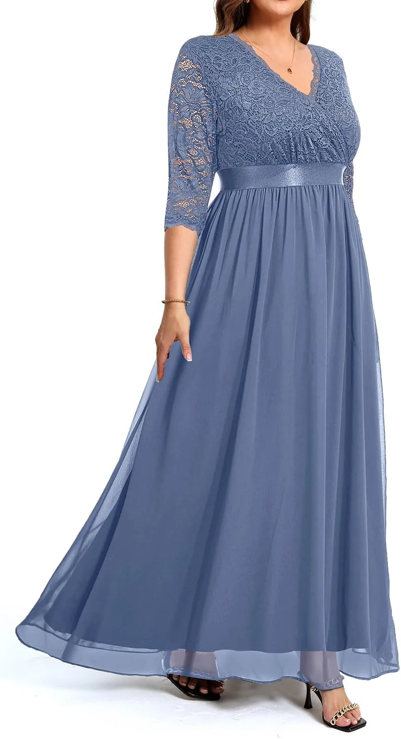 Pinup Fashion Wedding Dresses for Bride Plus Size - Formal Evening Gown Wrap Neck Lace Chiffon Long Dress