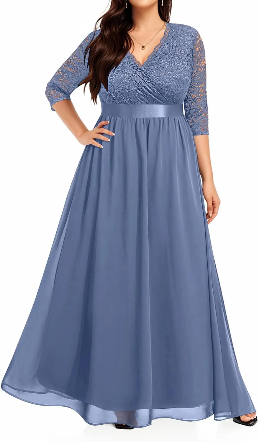 Pinup Fashion Wedding Dresses for Bride Plus Size - Formal Evening Gown Wrap Neck Lace Chiffon Long Dress