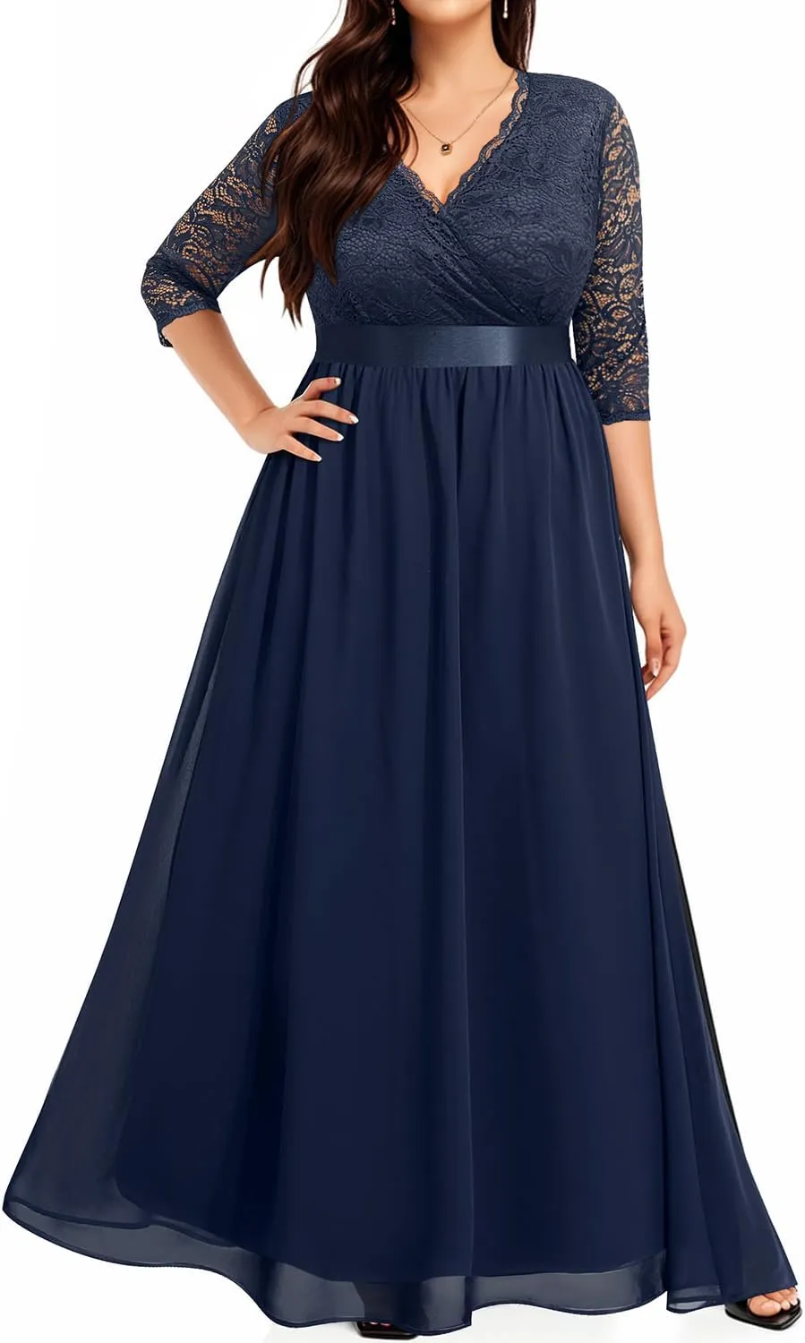 Pinup Fashion Wedding Dresses for Bride Plus Size - Formal Evening Gown Wrap Neck Lace Chiffon Long Dress