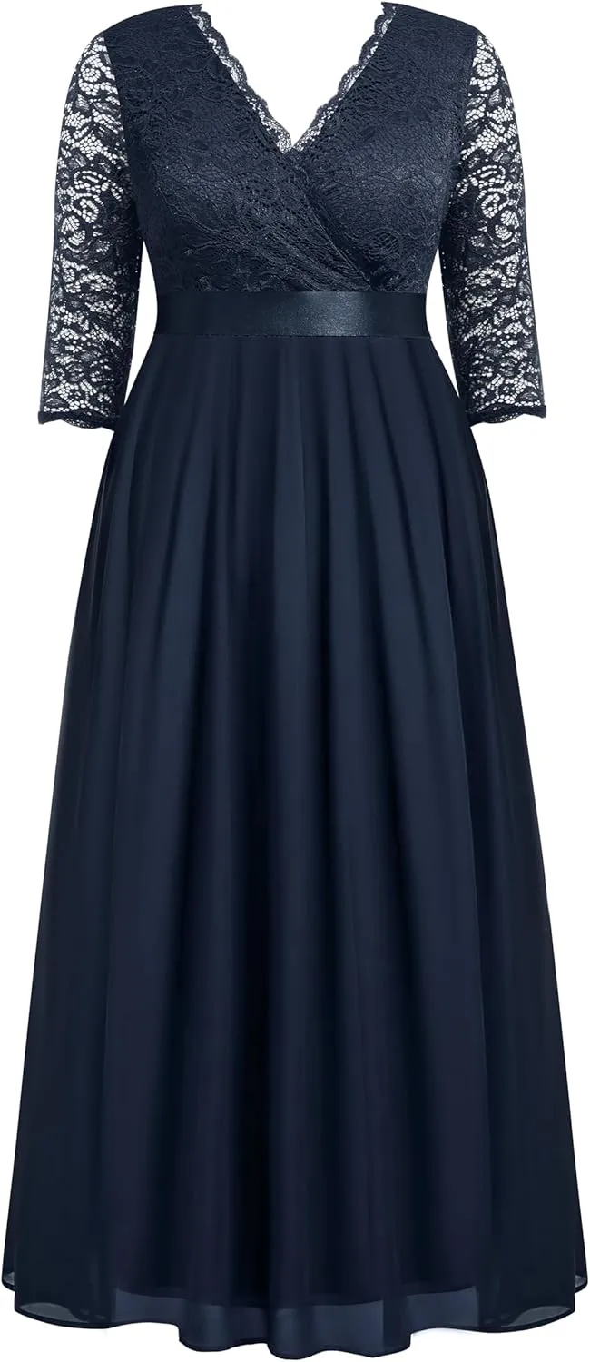Pinup Fashion Wedding Dresses for Bride Plus Size - Formal Evening Gown Wrap Neck Lace Chiffon Long Dress