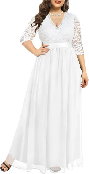 Pinup Fashion Wedding Dresses for Bride Plus Size - Formal Evening Gown Wrap Neck Lace Chiffon Long Dress