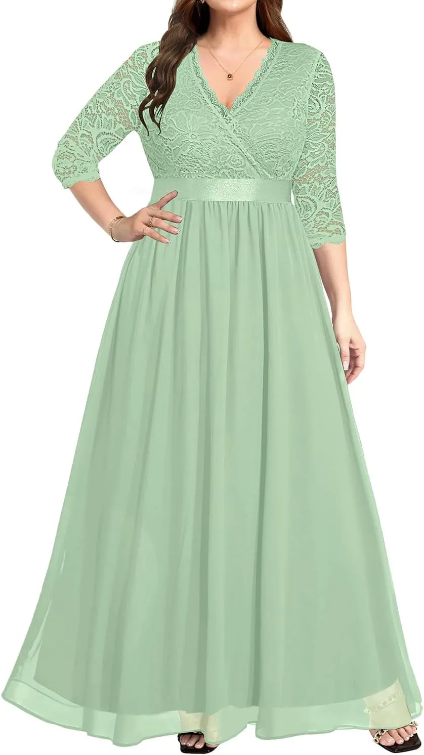 Pinup Fashion Wedding Dresses for Bride Plus Size - Formal Evening Gown Wrap Neck Lace Chiffon Long Dress