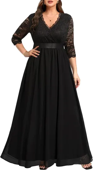 Pinup Fashion Wedding Dresses for Bride Plus Size - Formal Evening Gown Wrap Neck Lace Chiffon Long Dress