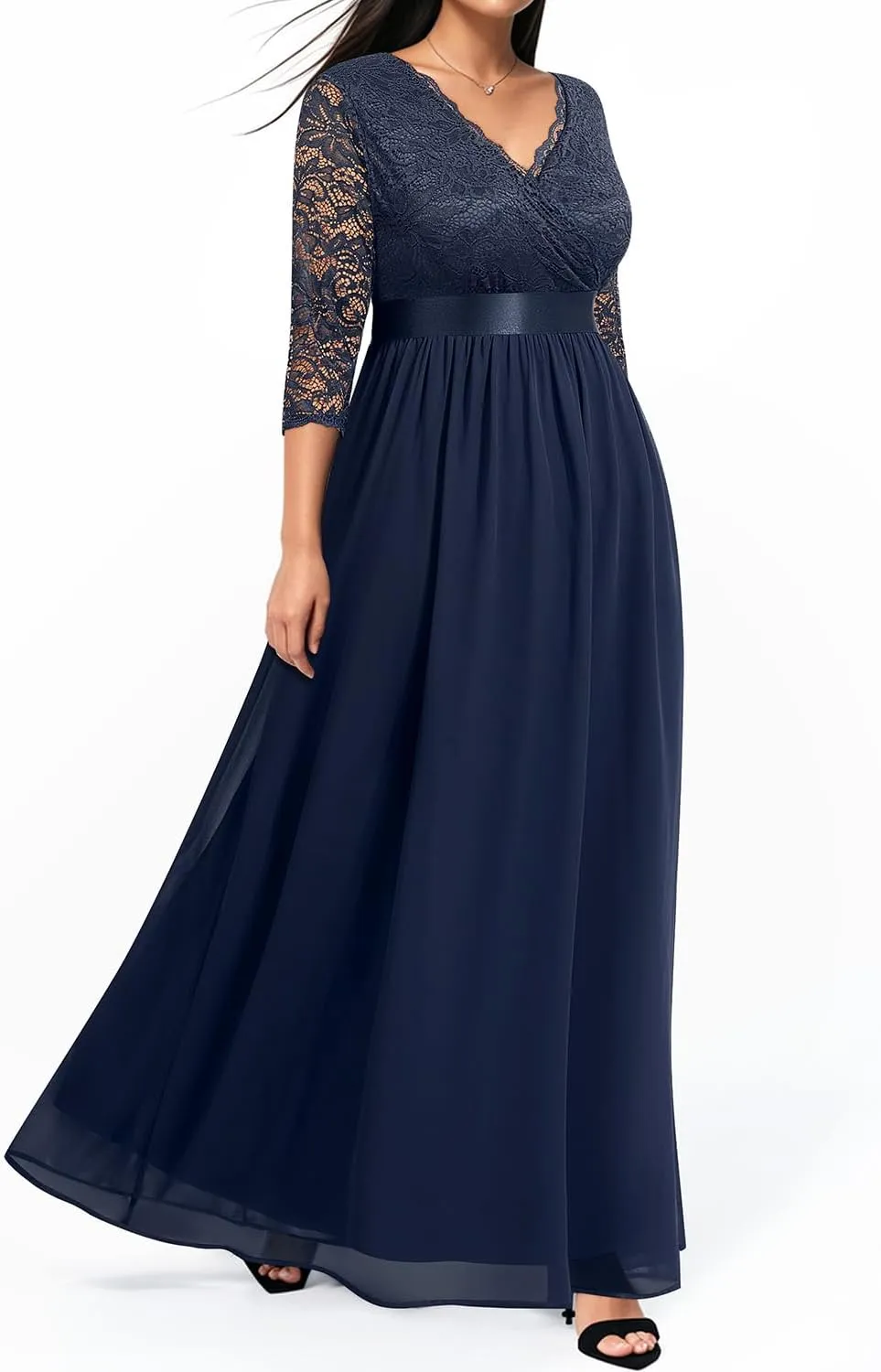 Pinup Fashion Wedding Dresses for Bride Plus Size - Formal Evening Gown Wrap Neck Lace Chiffon Long Dress
